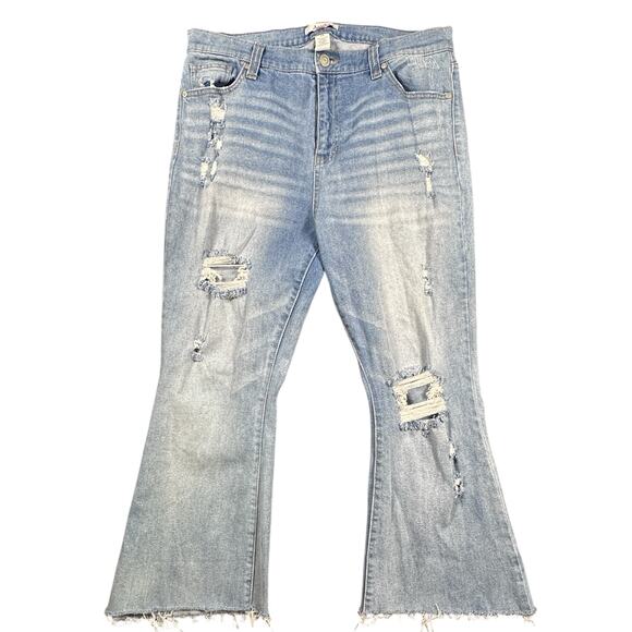 Arula (Altar’d State) Flared leg raw hem distressed denim jeans size 14 - Picture 2 of 8